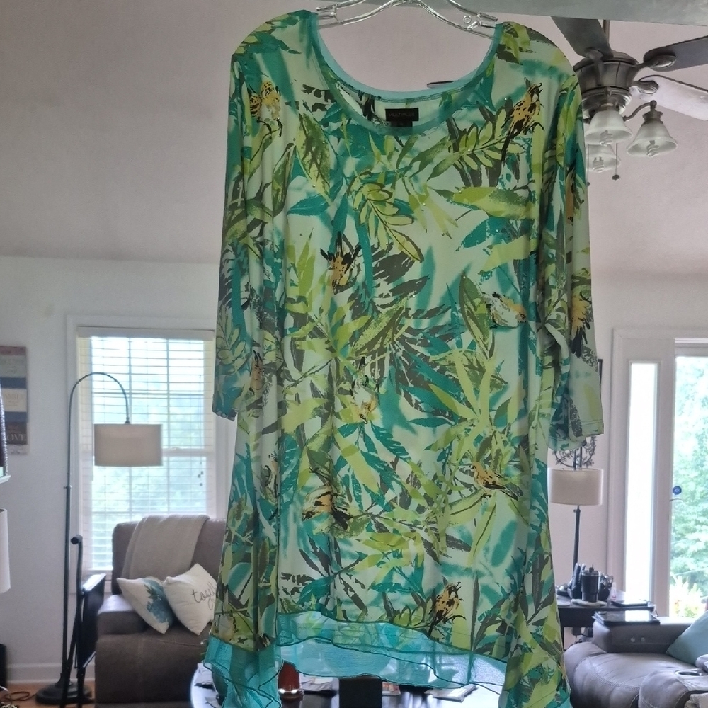 Multiples Blue and Green Asymmetrical 3/4 Sleeve Tunic